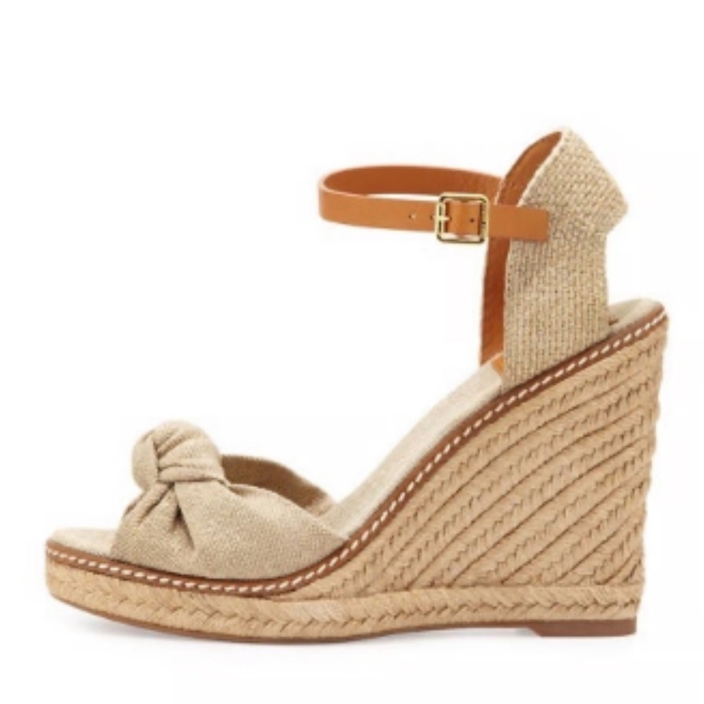 Tory Burch Wedge Espadrille Heels Sandals Linen Beige‎ Peep Toe Womens 9.5B